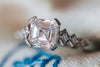 Close up platinum ring with asscher cut diamond