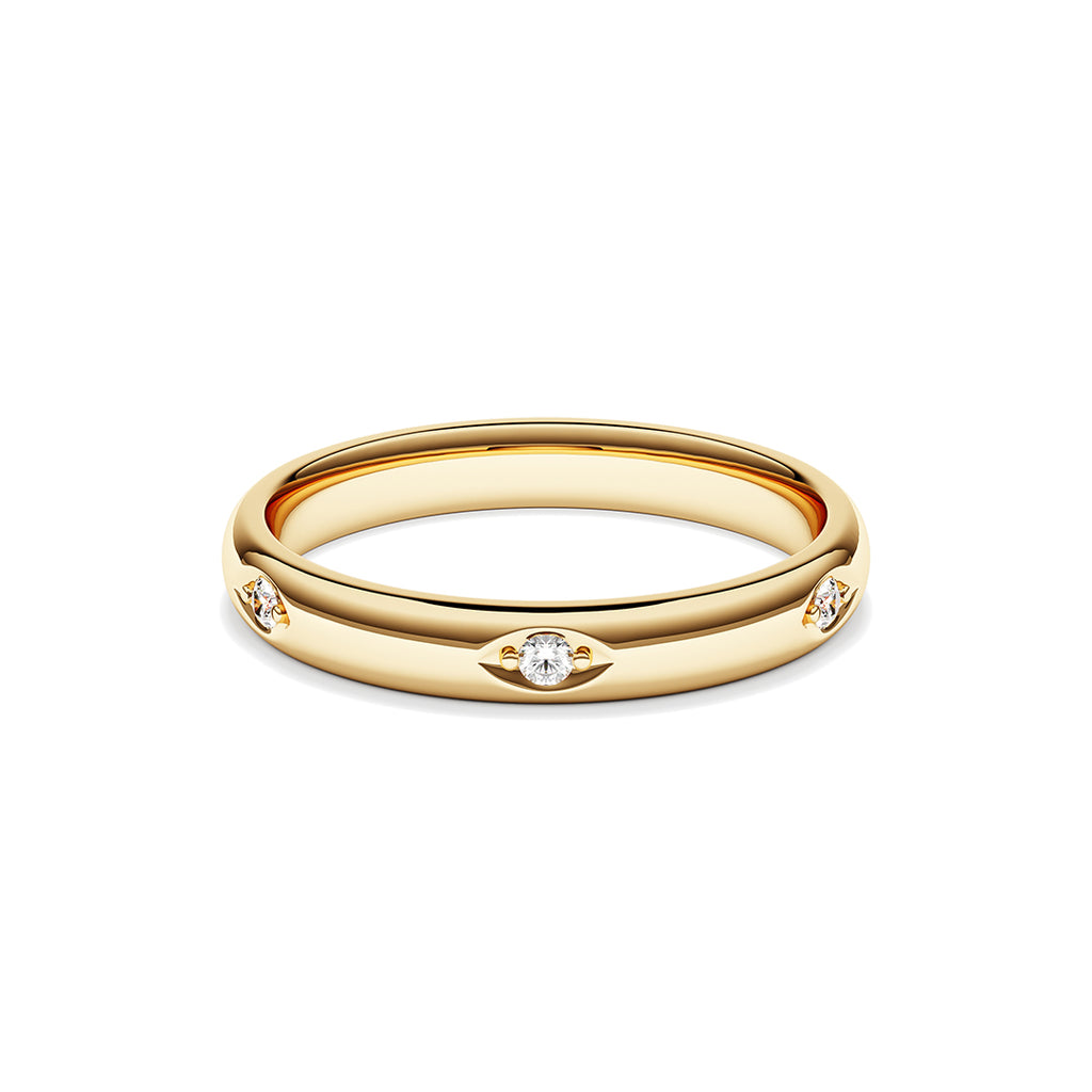 Yellow gold band ring with six grain-set round brilliant cut diamonds 